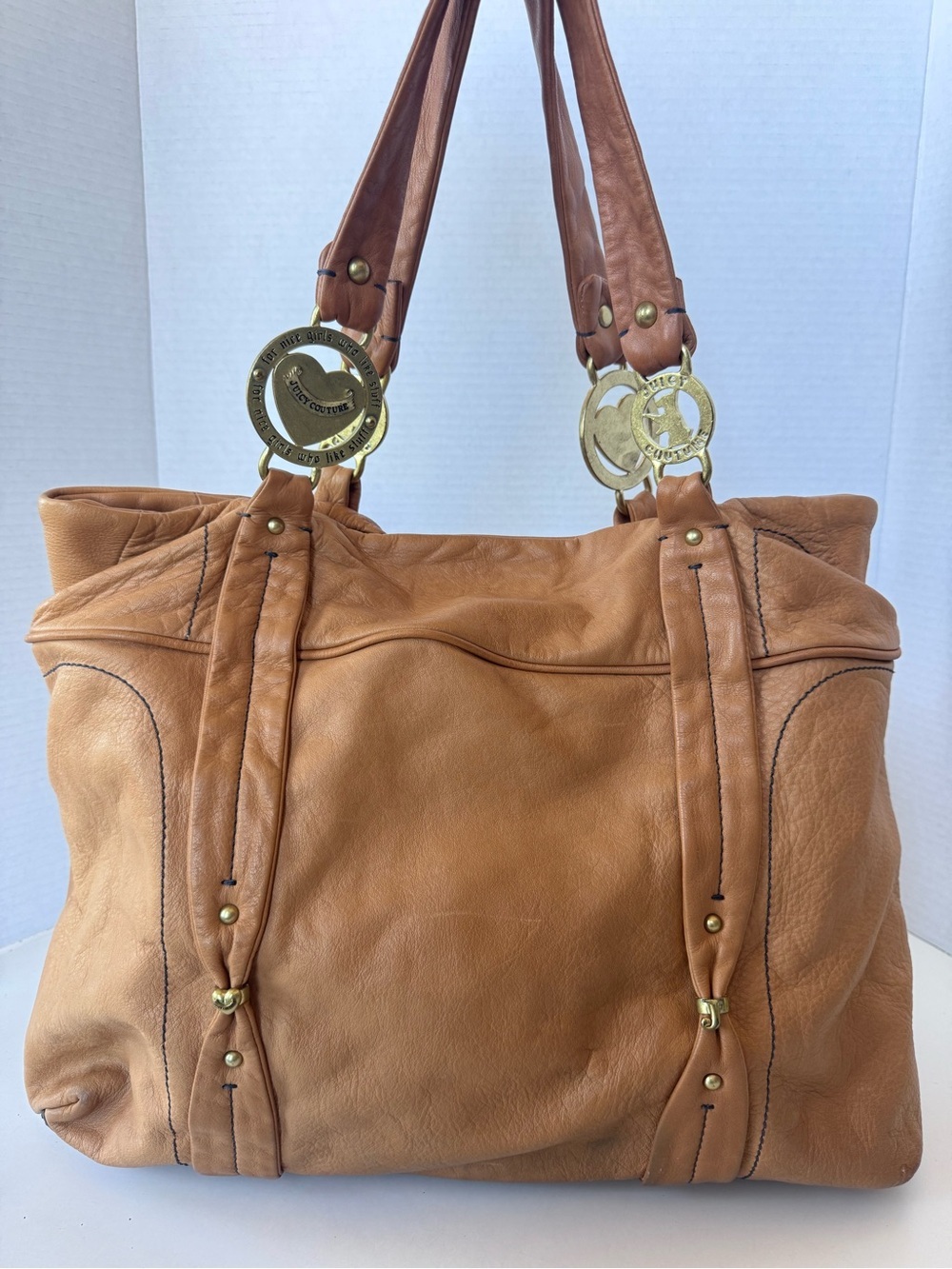 Vintage Y2K JUICY COUTURE Brown Tan Leather Hobo Tote Shoulder Bag Gold Logo Dog